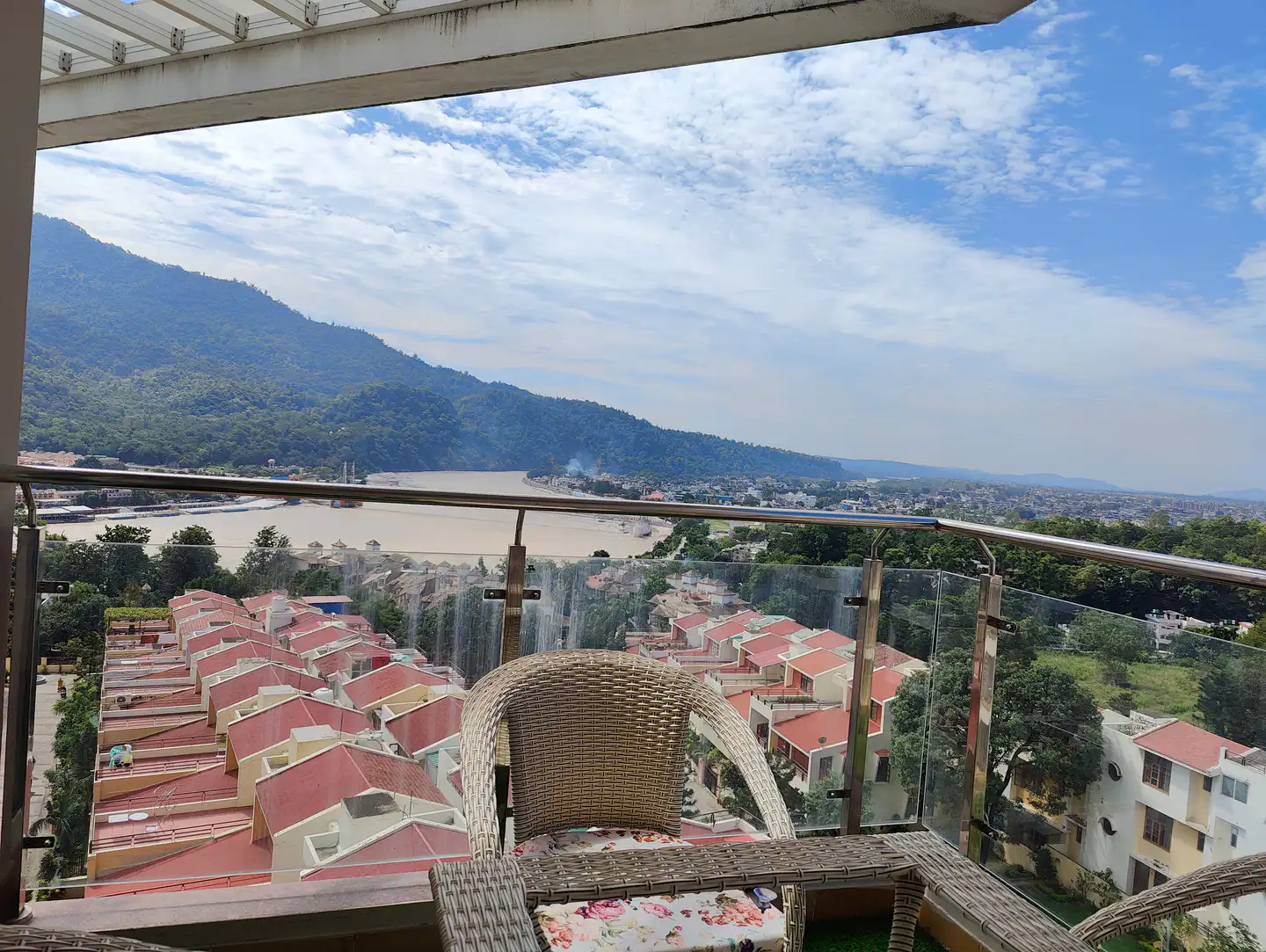 Penthouse balcony with Ganga and mountain view at Ganges Heaven